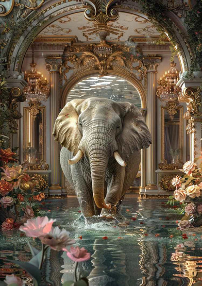 Majestueuze Olifant Fantasie Paleis Lotusbloemen Barok Ornament Schilderij