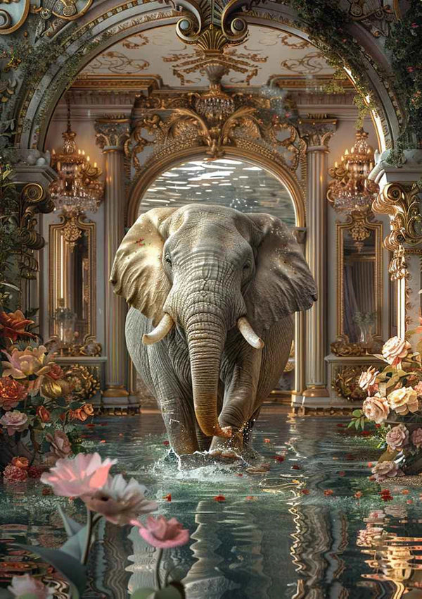 Majestueuze Olifant Fantasie Paleis Lotusbloemen Barok Ornament Schilderij