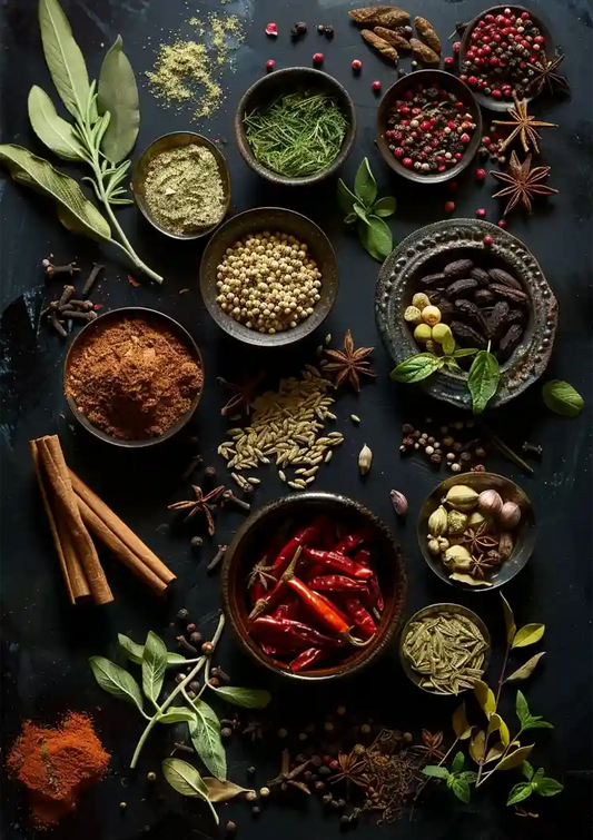 Sortiment Kräuter und Gewürze Dunkler Hintergrund Draufsicht Gemälde