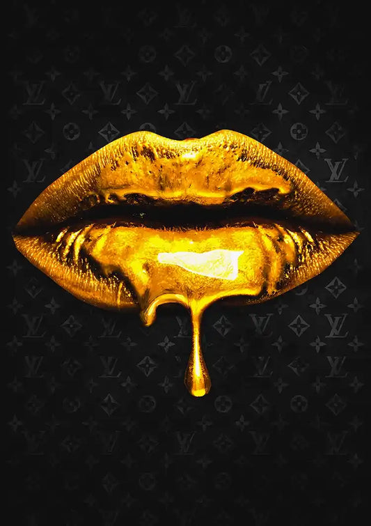 Druipend goud op lippen canvas schilderij tegen een donkere achtergrond