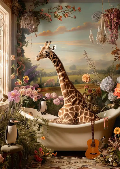 Giraf In Bad Kleurrijke Bloemen Surrealistisch Dromerig Schilderij