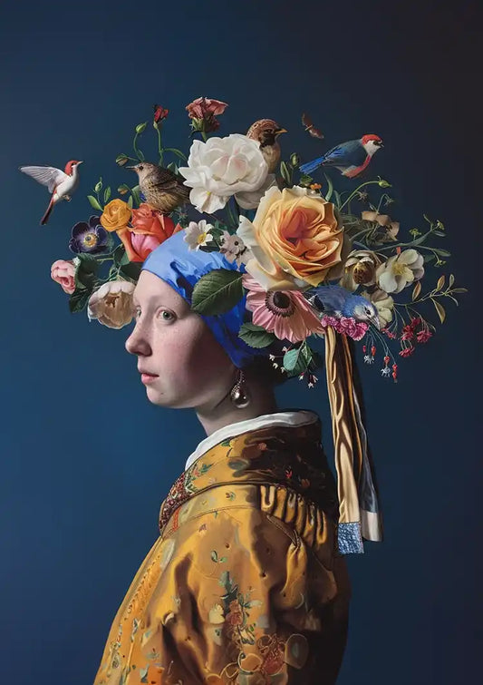 Meisje met de parel canvas schilderij met een kleurrijke bloemenkroon