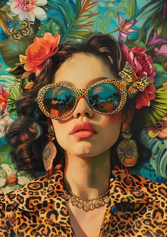 Vrouw met bloemenhoofdtooi canvas schilderij in warm oranje en roze, tegen een tropische achtergrond