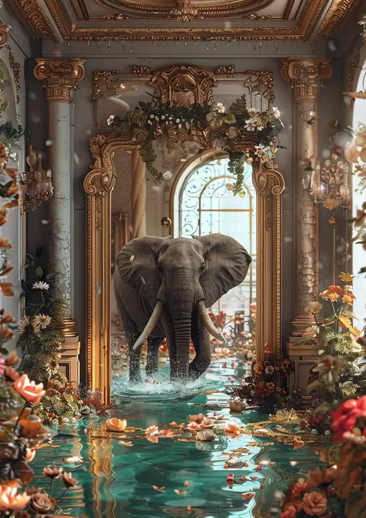 Olifant Fantasie Barokke Zaal Gouden Ornament Bloemen Water Surrealistisch Schilderij