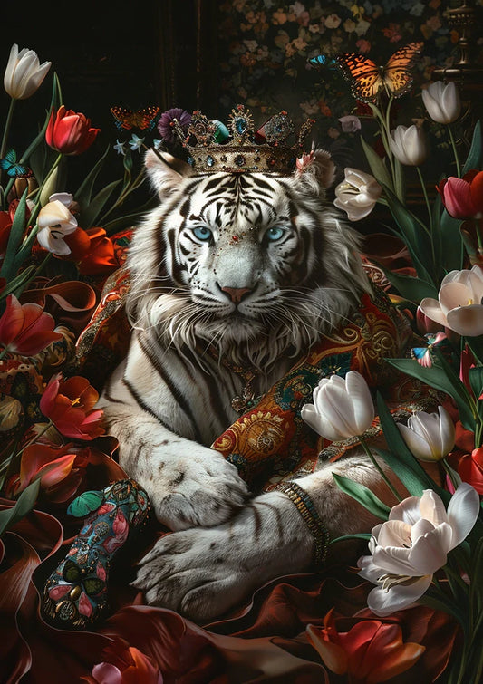 Witte tijger met juwelenkroon canvas schilderij in wit en goud, omgeven door bloemen