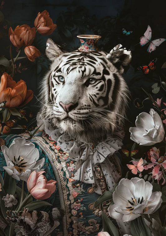 Witte tijger in barok kostuum canvas schilderij met bloemen en vlinders, elegante stijl