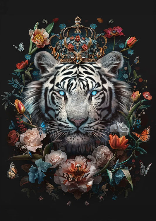 Tijger met bloemenkroon canvas schilderij in blauw en goud, tegen een donkere achtergrond