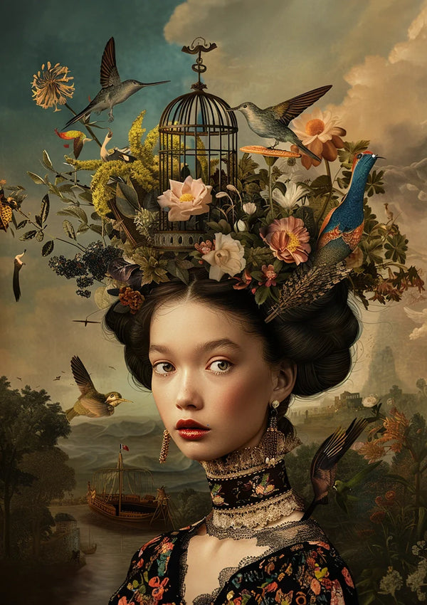 Vrouw Bloemen Vogels Donker Barok Portret Schilderij