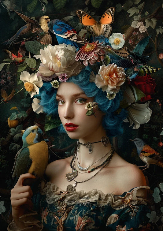 Vrouw met blauw haar en bloemenkroon canvas schilderij, romantische barokke stijl