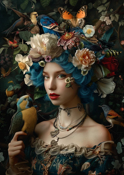 Woman Blue Hair Flower Crown Birds Nature Portrait Canvas Painting
