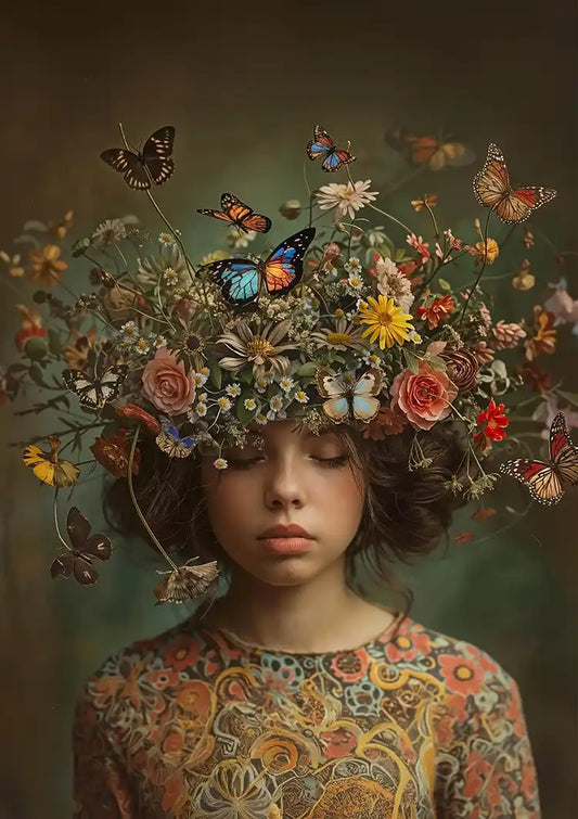 Girl with Flower Crown and Butterflies Dreamy Nature Portrait Painting