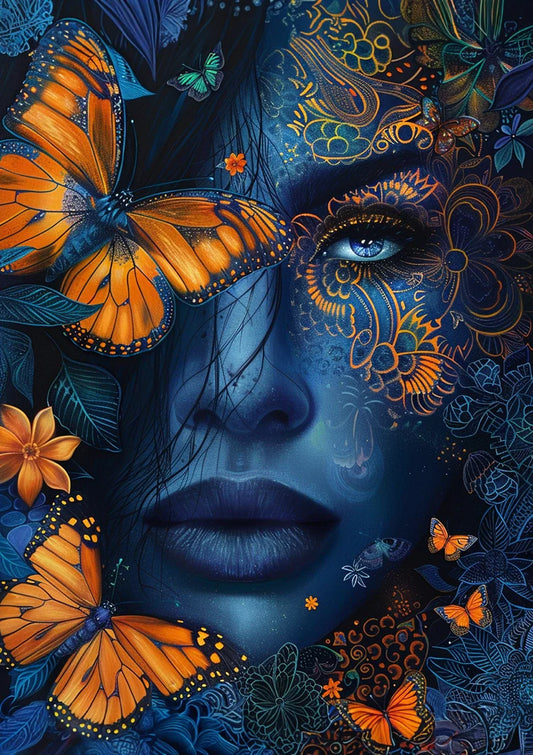 Mystiek portret canvas schilderij van een vrouw met blauwe huid en oranje vlinders