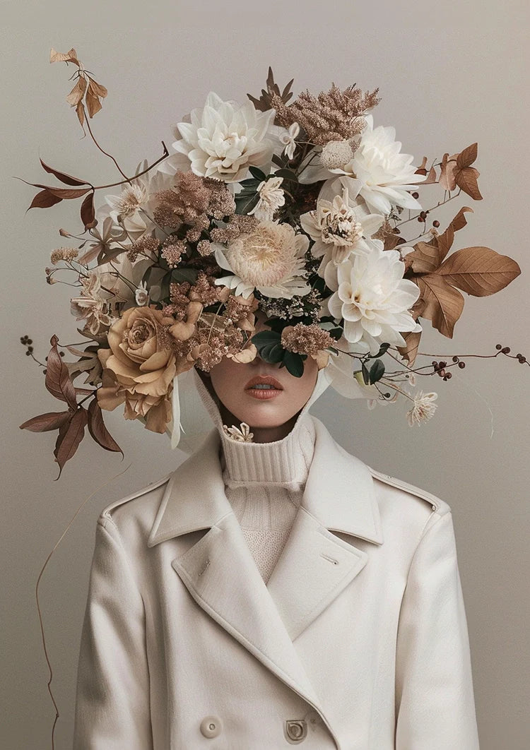 Person Creme Jacke Blumen Blätter Porträt Elegant Gemälde