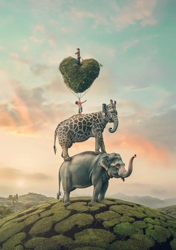 Surrealistisch Olifant Giraf Hartboom Dromerige Stapel Schilderij