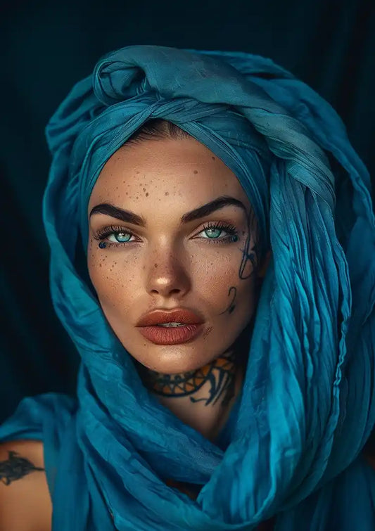 Vrouw met turquoise hoofddoek canvas schilderij in turquoise, blauw en zwart