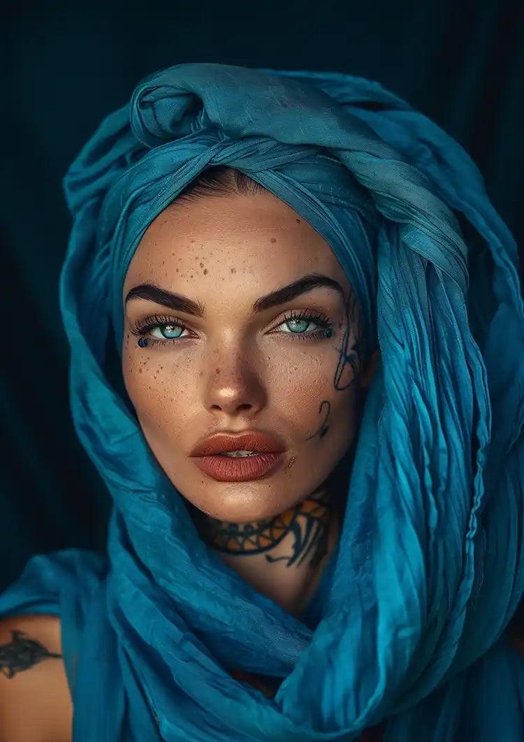 Orientalische Frau Blaue Augen Türkiser Hijab Mysteriöses Porträt Gemälde
