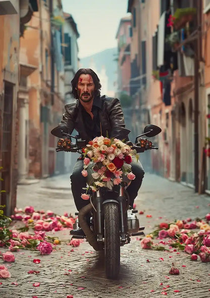 John Wick Motor Colorful Flowers Street Cinematic Portrait Painting