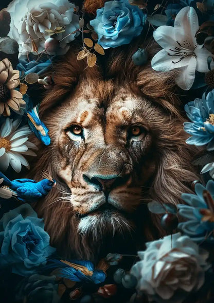 Leeuw Blauwe Bloemen Vlinders Kleurrijk Savanne Portret Schilderij