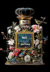Parfumfles Bloemen Vogels Zwarte Achtergrond Schilderij