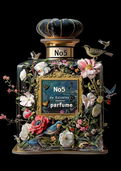 Parfumfles Bloemen Vogels Zwarte Achtergrond Schilderij