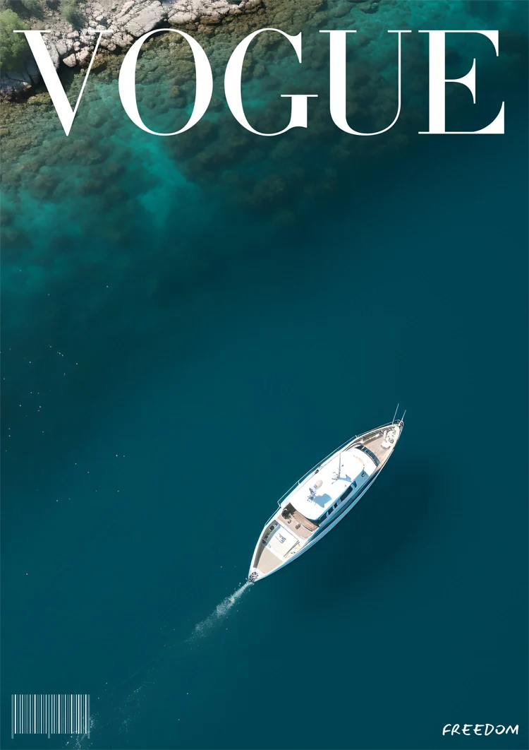 Vogue Cover White Sailboat Top View Turquoise Sea Summer Freedom Painting