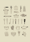 Küchenutensilien Linienillustration Beige Hintergrund Minimalistische Kochkunst-Malerei