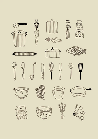 Küchenutensilien Linienillustration Beige Hintergrund Minimalistische Kochkunst-Malerei