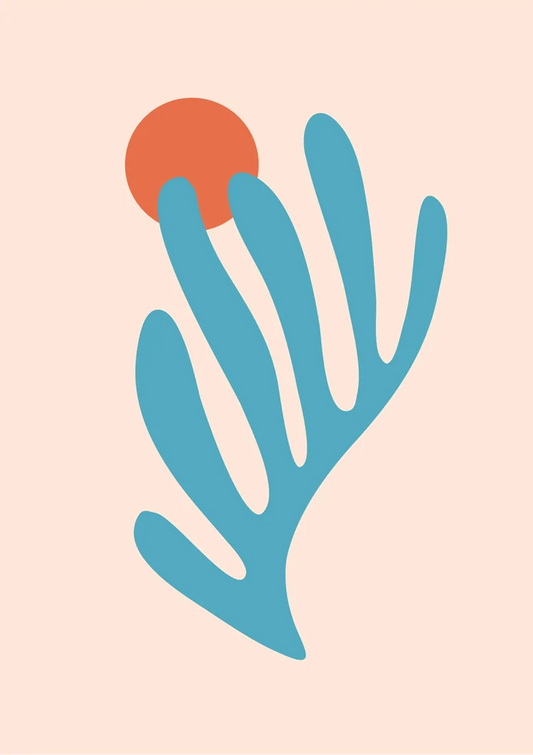 Blauer Koralle mit Roter Sonne Rosa Hintergrund Abstrakt Botanisches Gemälde