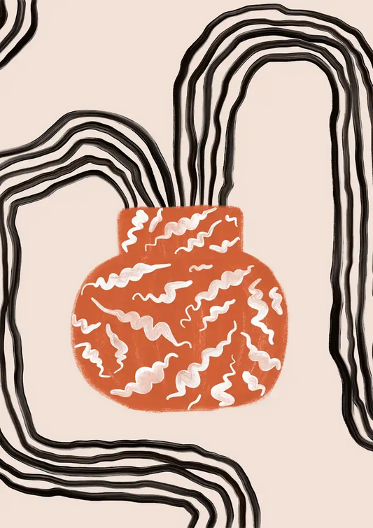 Abstrakte Vase mit wellenförmigen schwarzen Linien auf beigem Hintergrund Gemälde