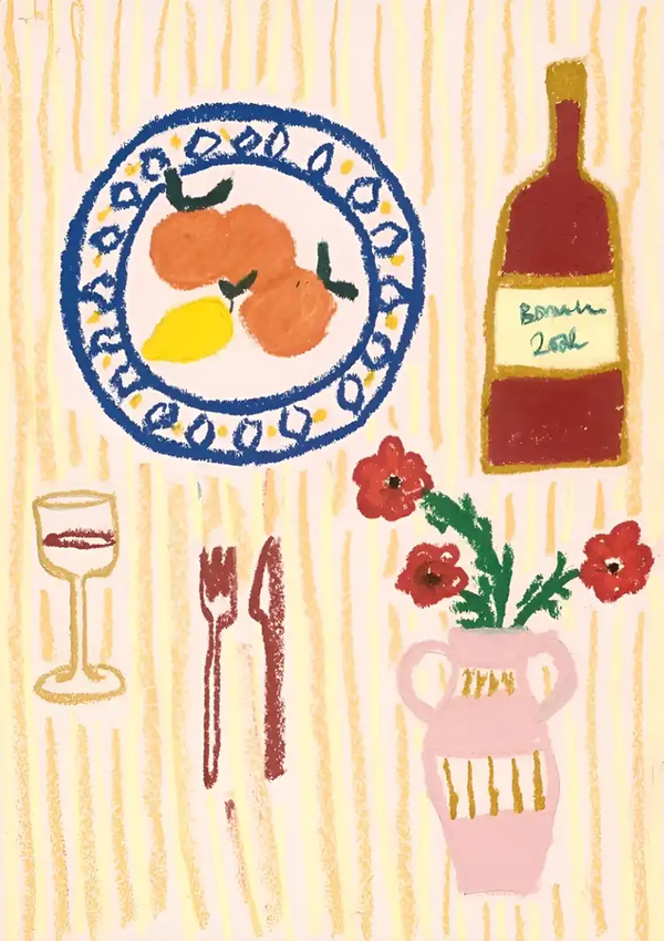 Playful Dining Table Arrangement Wine Oranges Red Flowers Painting