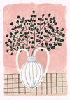 Weiße Vase Blaue Streifen Pflanze Rosa Hintergrund Grün Karierte Tischdecke Gemälde