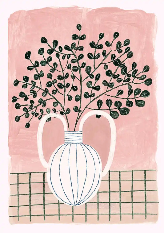 White Vase Blue Stripes Plant Pink Background Green Checkered Tablecloth Painting