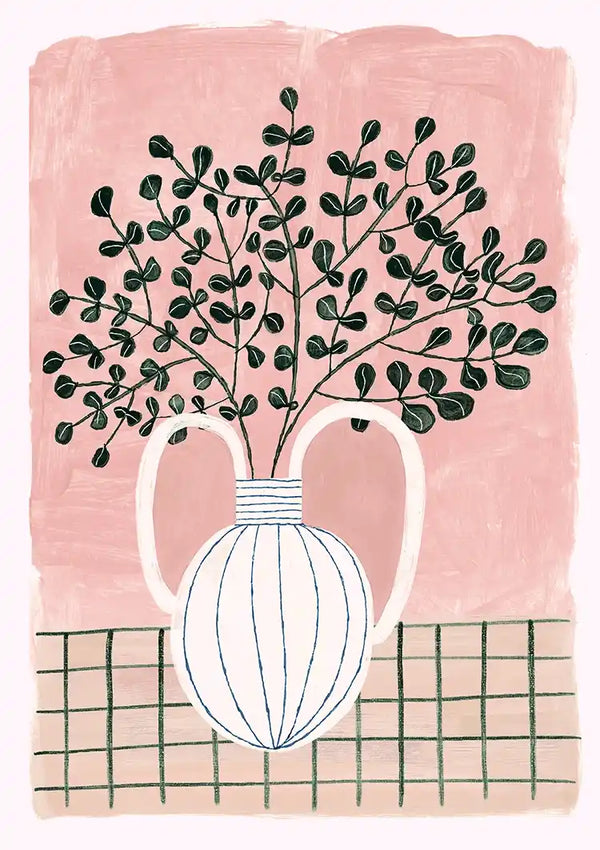 Weiße Vase Blaue Streifen Pflanze Rosa Hintergrund Grün Karierte Tischdecke Gemälde