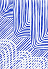 Blaue wellenförmige und gerade Linien, weißer Hintergrund, abstraktes Gemälde
