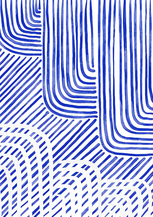 Blaue wellenförmige und gerade Linien, weißer Hintergrund, abstraktes Gemälde