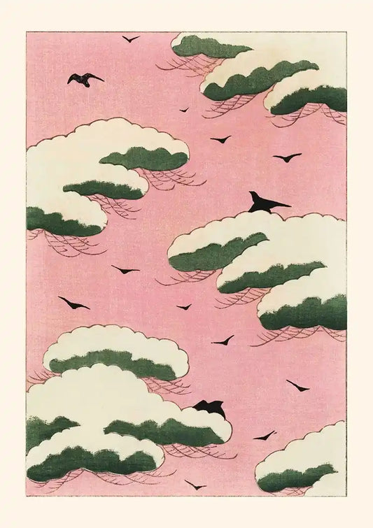 Japanse roze lucht met vogels canvas schilderij in roze, groen en zwart, japanse stijl