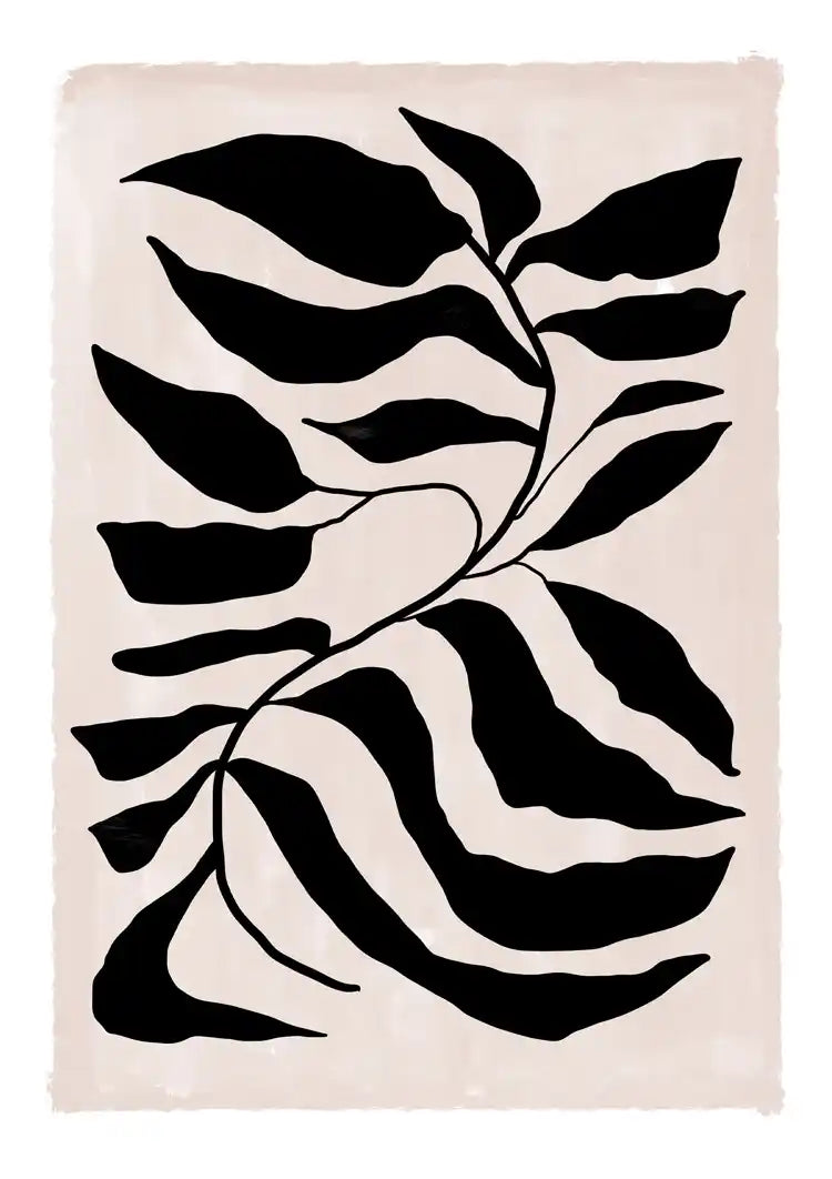 Graphic Sheet Black White Wavy Leaves Cream Background Painting