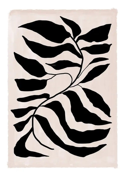 Graphic Sheet Black White Wavy Leaves Cream Background Painting