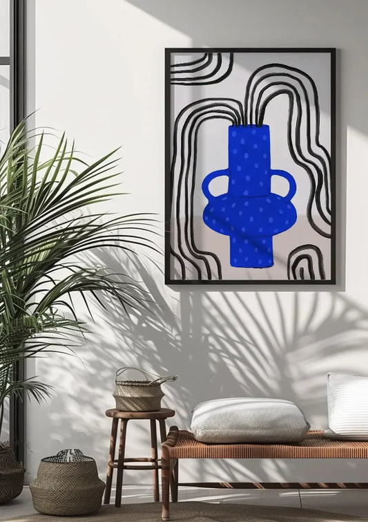 Blauwe gestippelde vaas canvas schilderij boven het bed in de slaapkamer