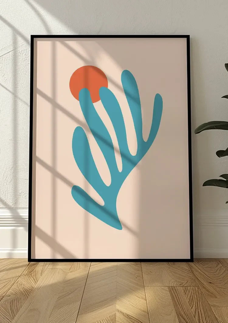 Blauw Koraal met Rode Zon Roze Achtergrond Abstract Botanisch Schilderij