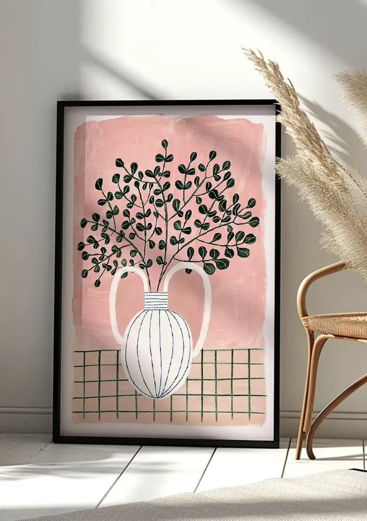Weiße Vase Blaue Streifen Pflanze Rosa Hintergrund Grün Karierte Tischdecke Gemälde