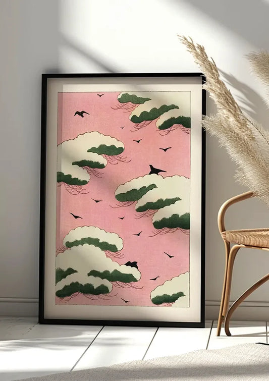 Japanse roze lucht met vogels canvas schilderij aan de muur in de hal