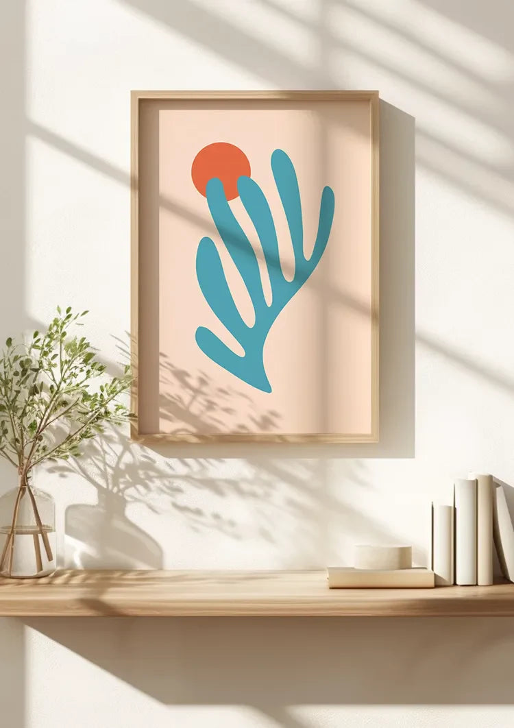Blauw Koraal met Rode Zon Roze Achtergrond Abstract Botanisch Schilderij