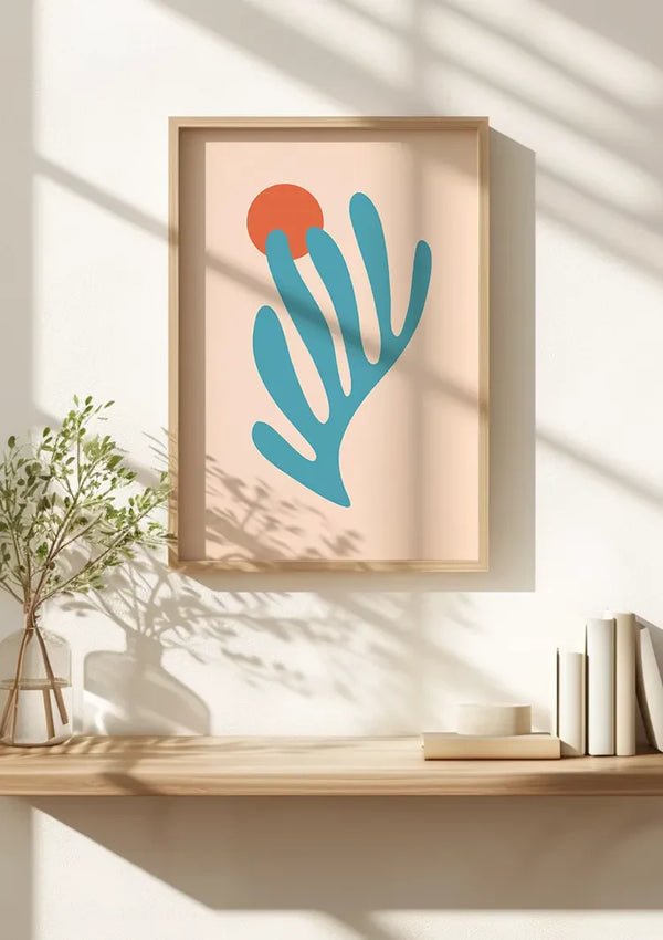Blauw Koraal met Rode Zon Roze Achtergrond Abstract Botanisch Schilderij