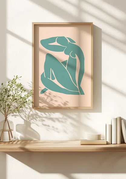 Gestileerde Zittende Figuur Blauwgroen Lichtroze Abstract Schilderij