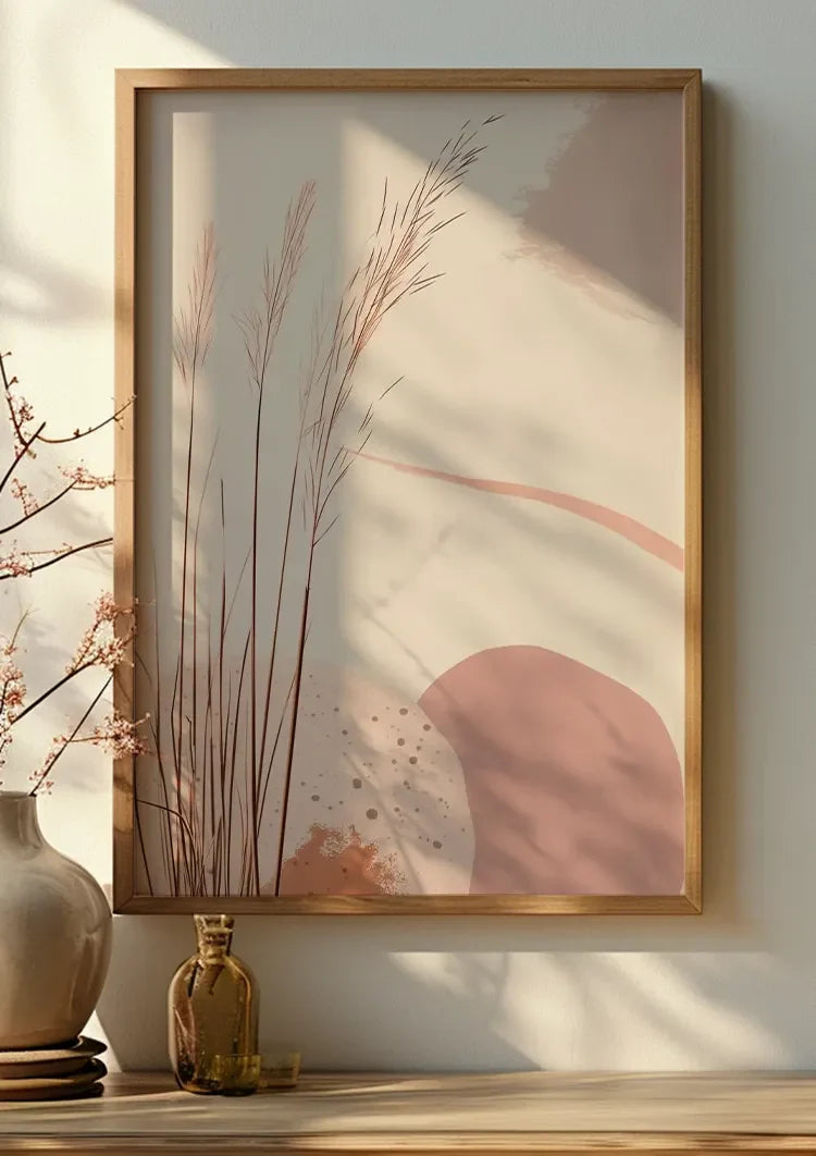 Zachte Roze Grassen op Pastel Achtergrond Botanisch Abstract Schilderij