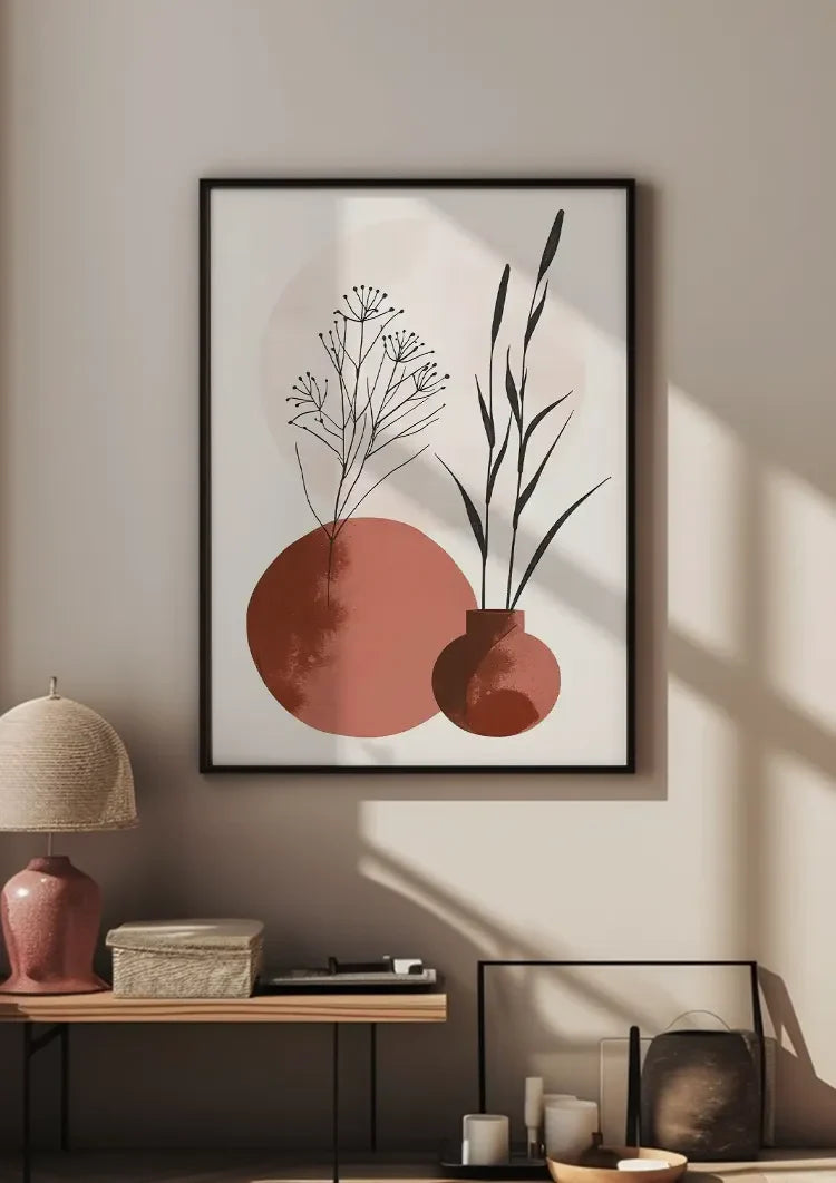 Minimalistische Vasen, botanische Motive, Terrakottatöne, Gemälde