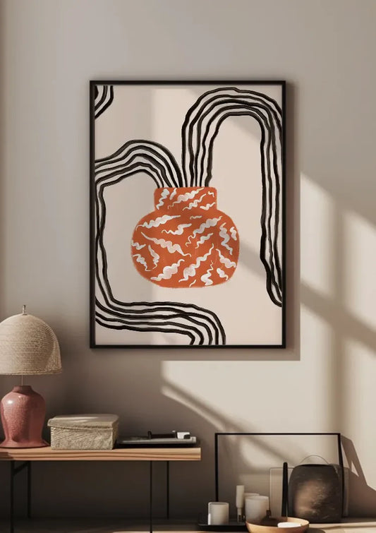 Abstracte Vaas met Golvende Zwarte Lijnen Beige Achtergrond Canvas Schilderij