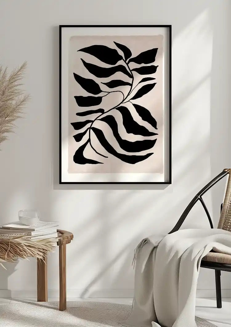 Graphic Sheet Black White Wavy Leaves Cream Background Painting