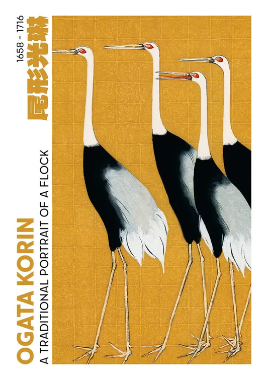 Kraanvogels canvas schilderij in goud, geïnspireerd op Japanse kunst